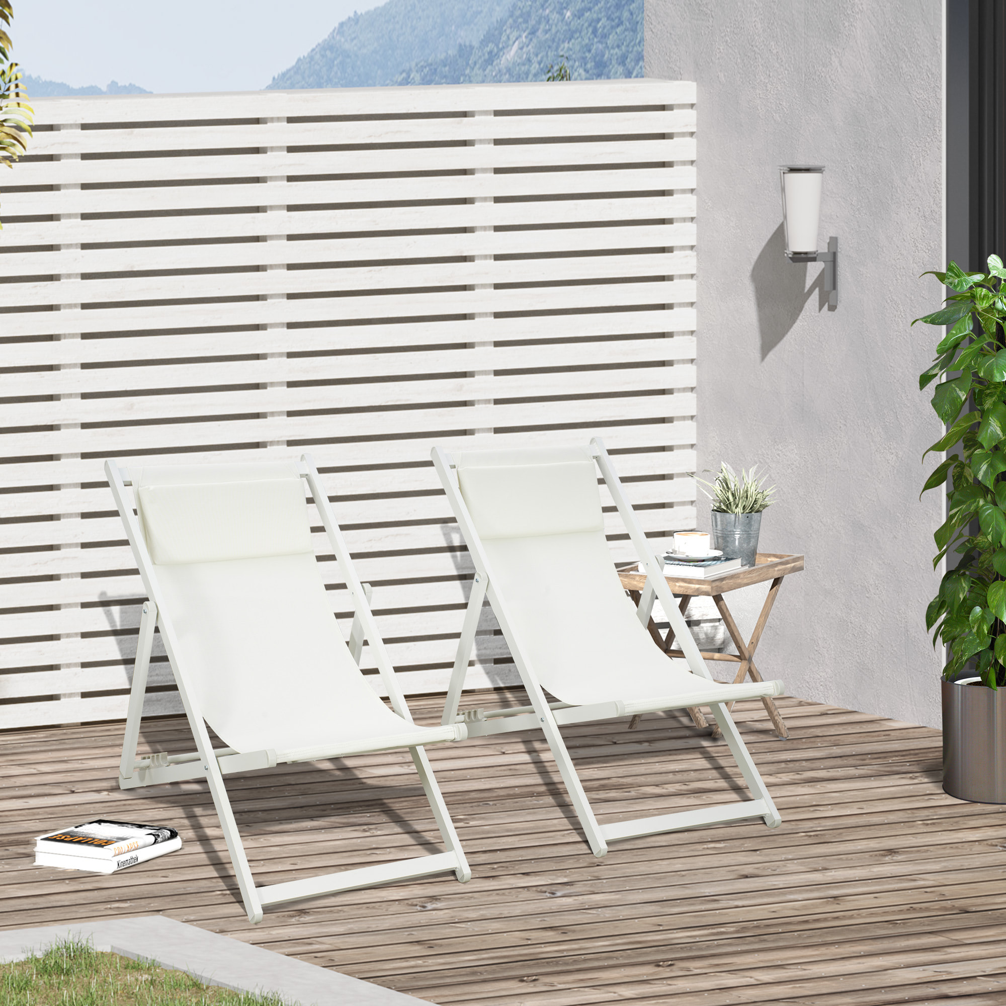 Conjunto de 2 Tumbonas Plegables de Aluminio Tumbonas de Jardín con Respaldo Regulable en 5 Posiciones y Reposacabezas para Terraza Patio Exterior 60x100x85 cm Blanco