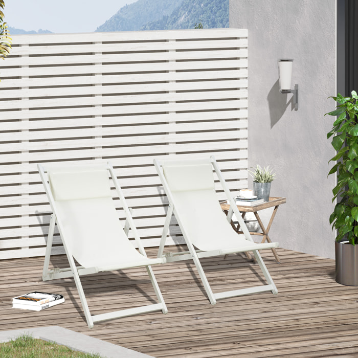 Conjunto de 2 Tumbonas Plegables de Aluminio Tumbonas de Jardín con Respaldo Regulable en 5 Posiciones y Reposacabezas para Terraza Patio Exterior 60x100x85 cm Blanco