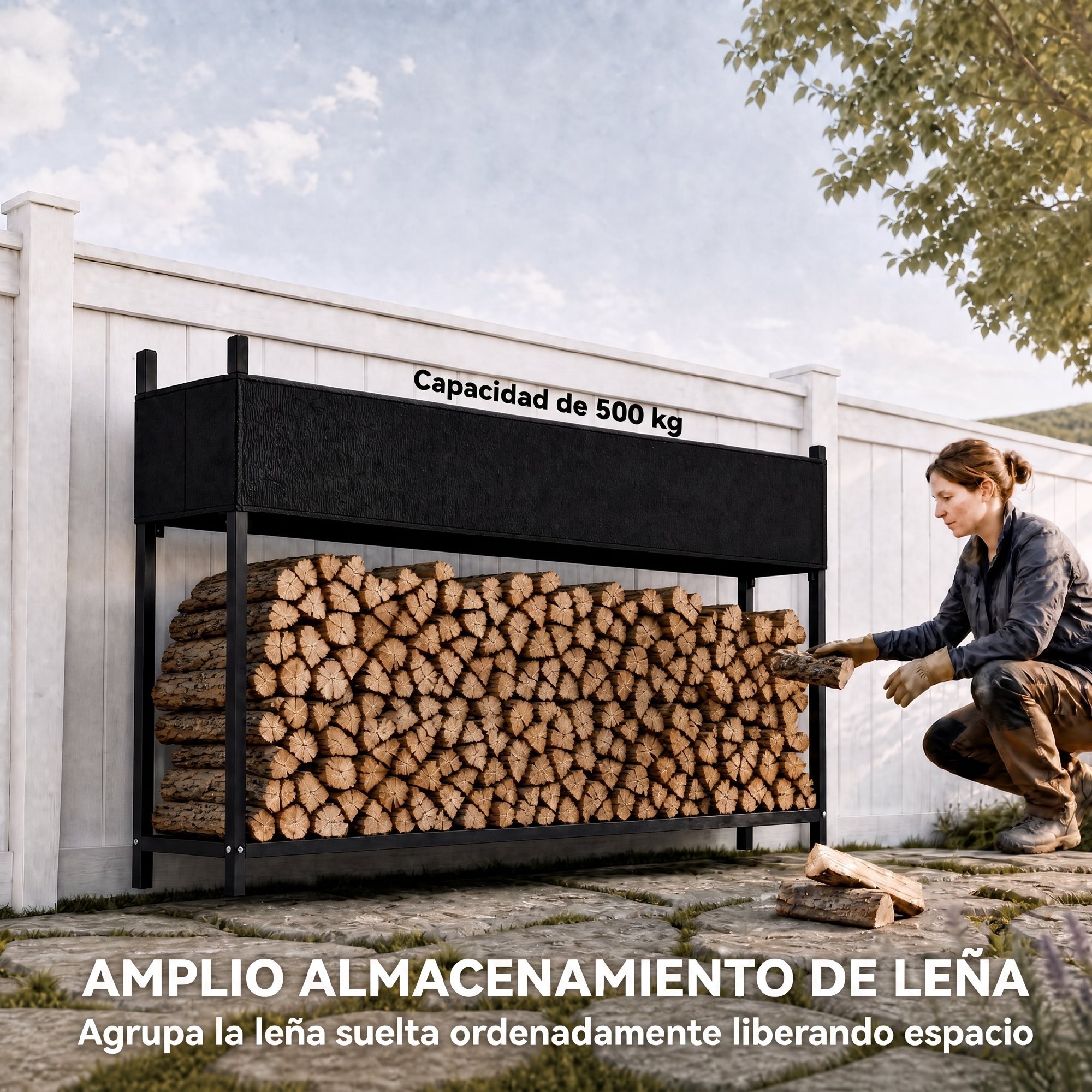 Outsunny Estante de Leña con Funda Oxford 600D y Cables, Leñero Exterior de Acero Galvanizado Robusto, Carga 500 kg, para Interior y Exterior, Jardín, Terraza, 202x25x113 cm, Negro