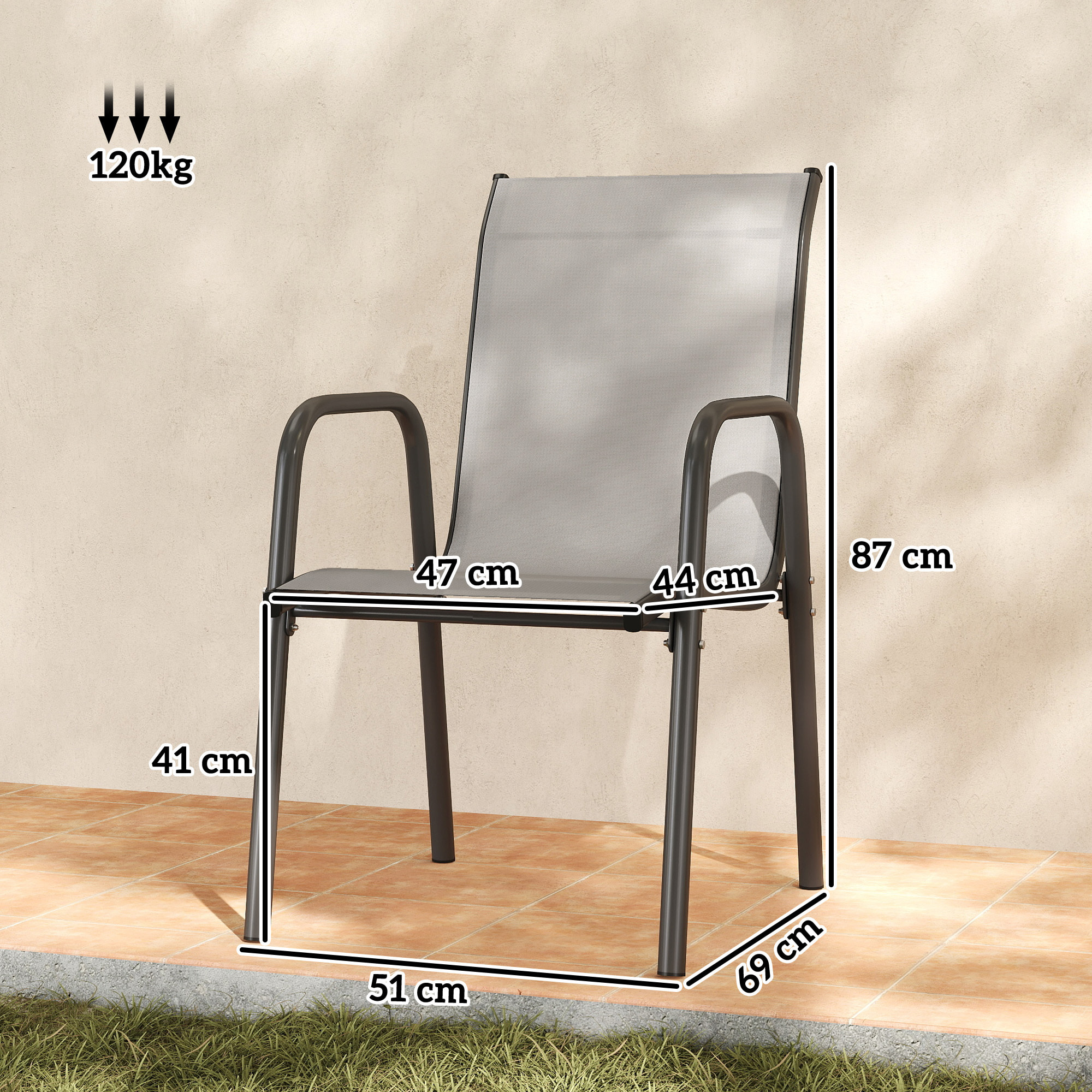 Juego de 6 Sillas de Jardín Exterior Apilables, Sillas Terraza Exterior con Reposabrazos, Asiento y Respaldo de Malla Transpirable, Estructura Metálica Resistente, 51x69x87 cm, Gris Claro