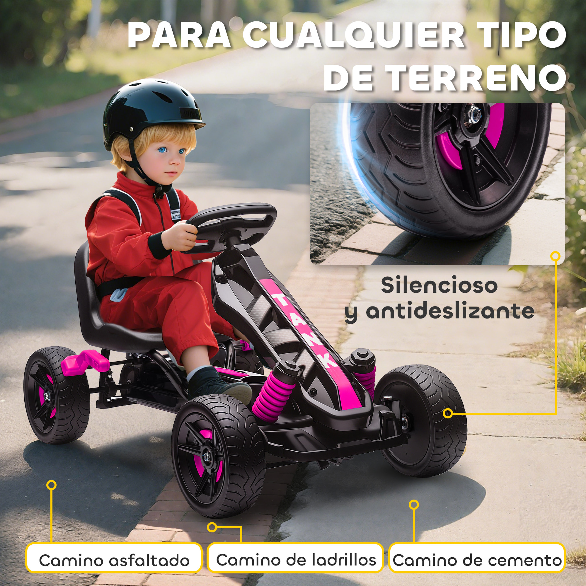 AIYAPLAY Kart Pedales para Niños de 3-6 Años Go Kart con Embrague Automático Freno Ruedas Antideslizantes de EVA y Marco Metálico Carga 50 kg Rosa