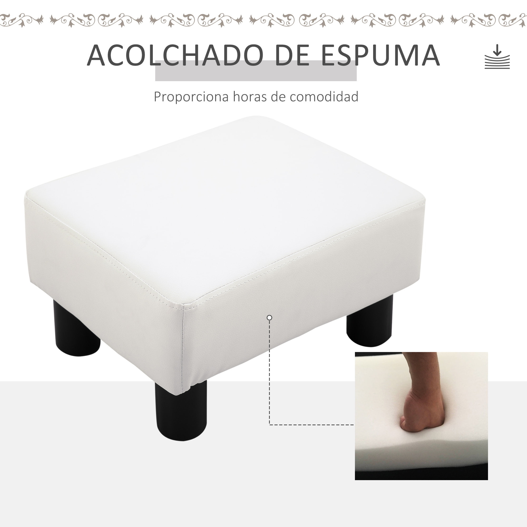 Reposapiés Otomano Taburete Pequeño Tapizado en Piel Sintética con Asiento Acolchado de Espuma y Patas de Plástico para Sofá Dormitorio 40x30x24 cm Blanco