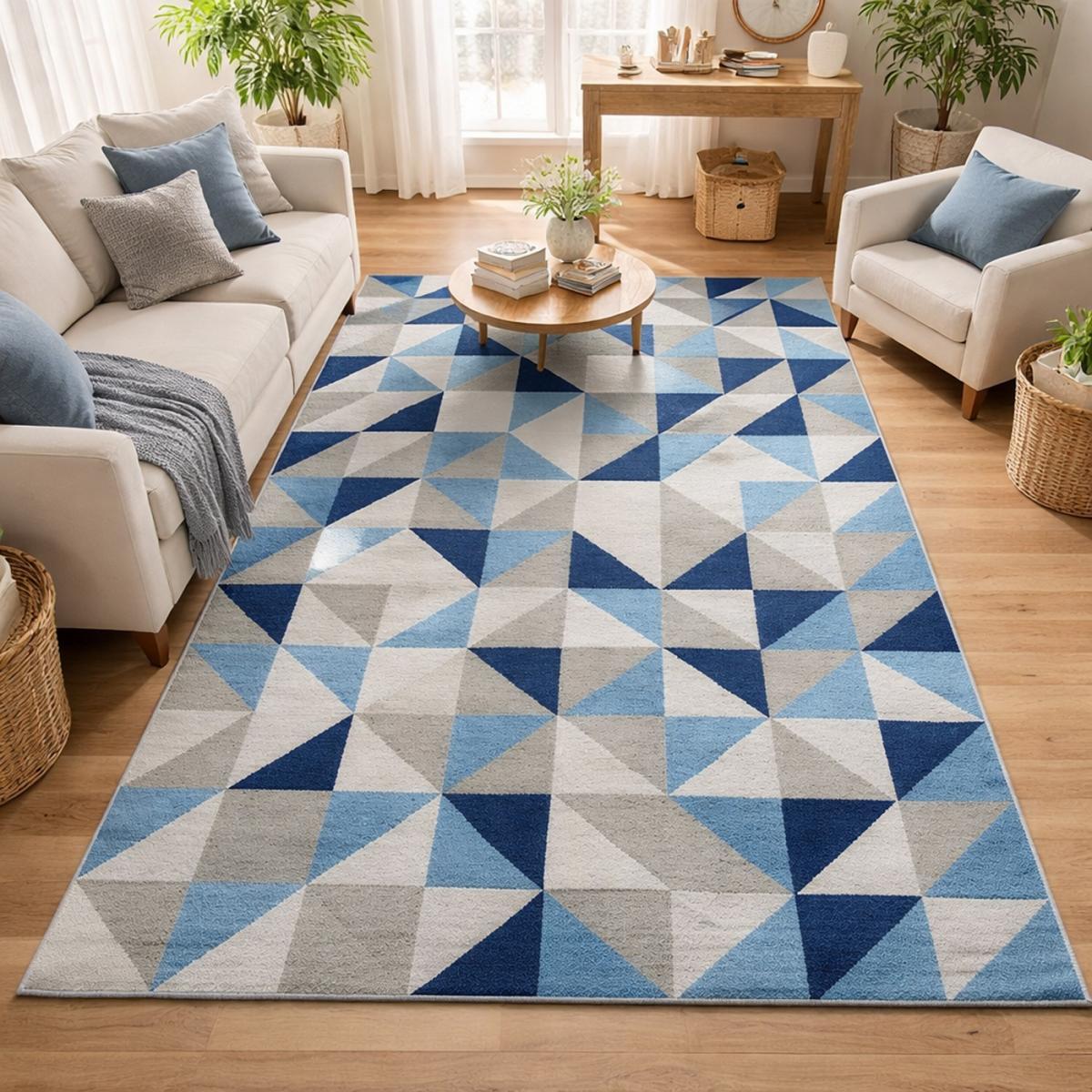 Tapis Kilim tissé à la main en laine motif Géométrique dans les teintes de Bleu