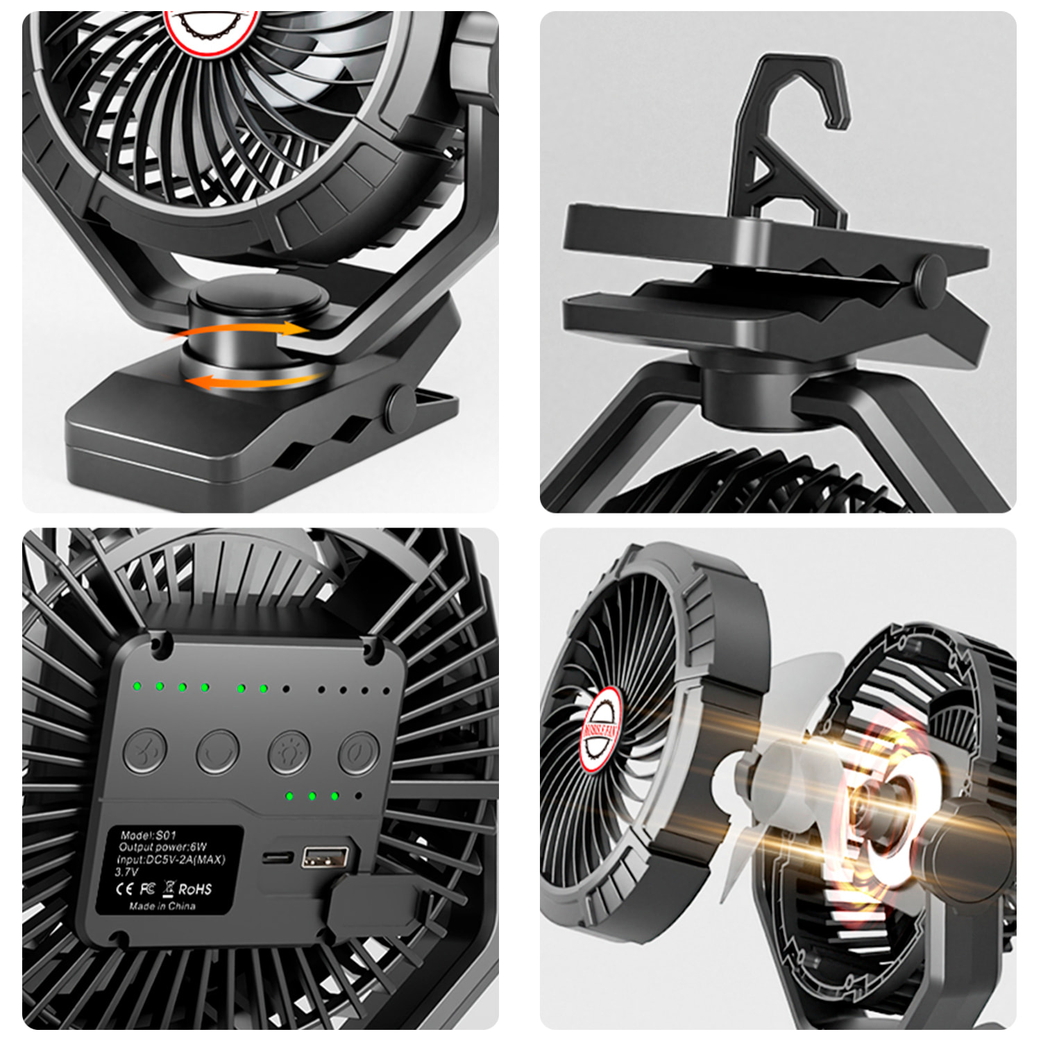 Ventilador S01 con motor sin escobillas, LED con 8 luces, 4 velocidades, 3 niveles de luz y temporizador. Ángulo ajustable de 180º con oscilación, gancho/pinza para colgar y powerbank de 10400 mAh.