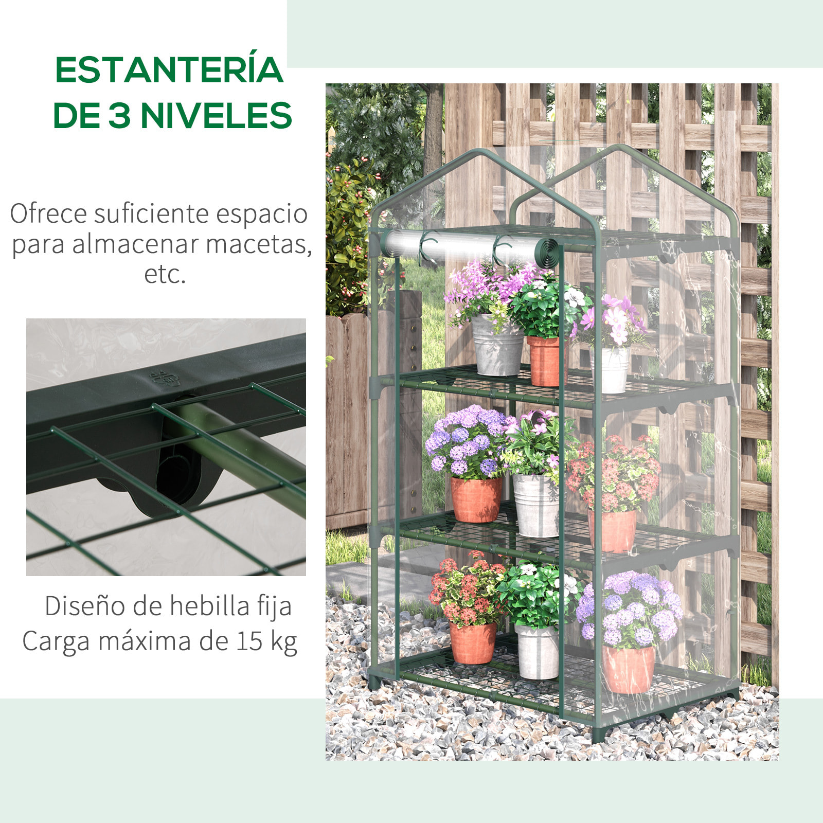 Invernadero de Jardín con 3 Estantes Metálicos y Puerta Enrollable 69x49x125 cm