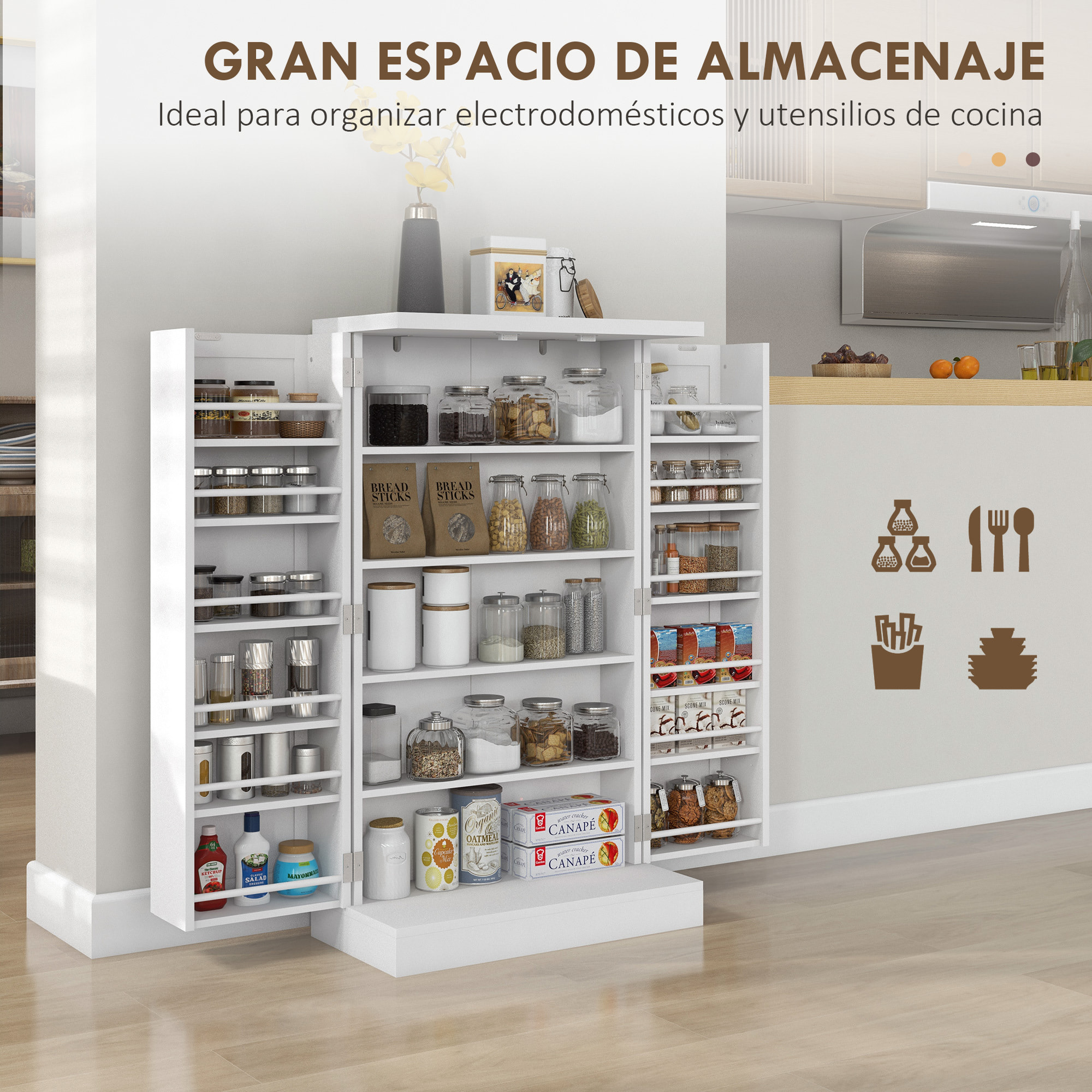 Armario de Cocina, Armario Despensa Cocina, con 2 Puertas, 16 Estantes, Alacena Moderna, con Estantes Ajustables, para Comedor, Salón, 60x30x104 cm, Blanco