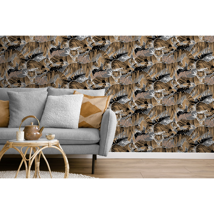 Papier peint tigres jungle ocre et gris foncé