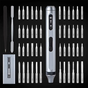 Destornillador eléctrico portátil 50 en 1 con doble luz, pantalla LCD, giro bidireccional, torque 0,3Nm y batería recargable.