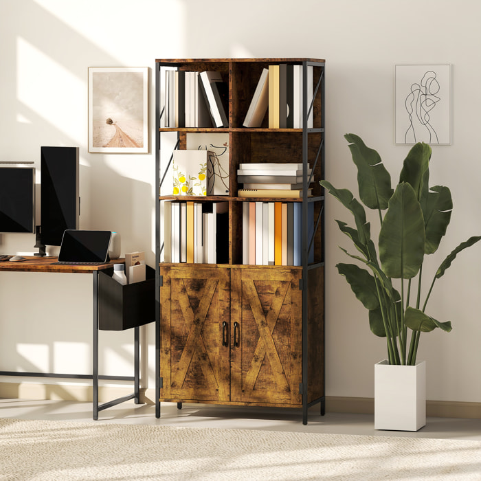 Librería de 6 Niveles, Estantería de Libros Organizador con 6 Compartimentos Abiertos, 2 Puertas y Estante Ajustable, Estilo Industrial para Salón Oficina Dormitorio 75x34x172 cm Marrón Rústico