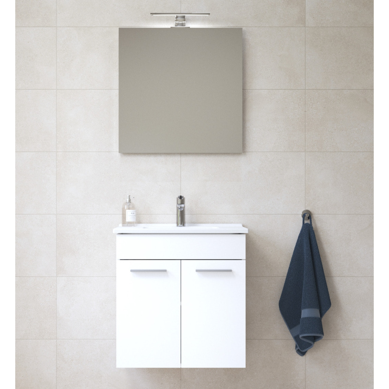 Mia ensemble meuble non assemblé 59x61x39,5 cm + miroir + lavabo céramique +  éclairage LED, blanc brillant (MIASETFP60B)