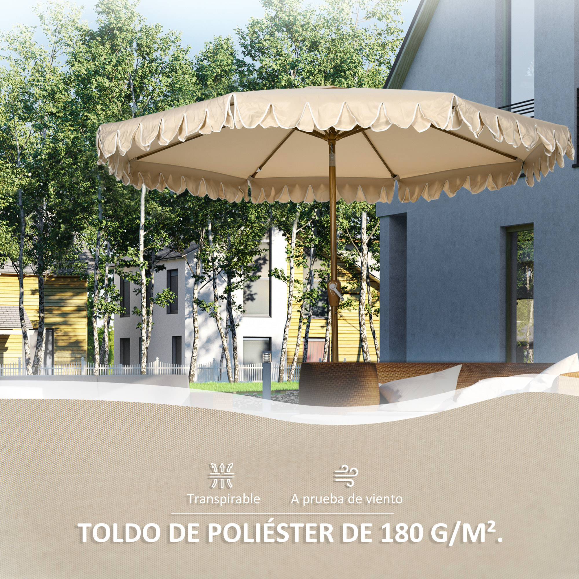 Sombrilla de Terraza Ø264x240 cm Parasol de Jardín con Ángulo Ajustable Manivela y Volantes Impermeable para Playa Patio Balcón Caqui