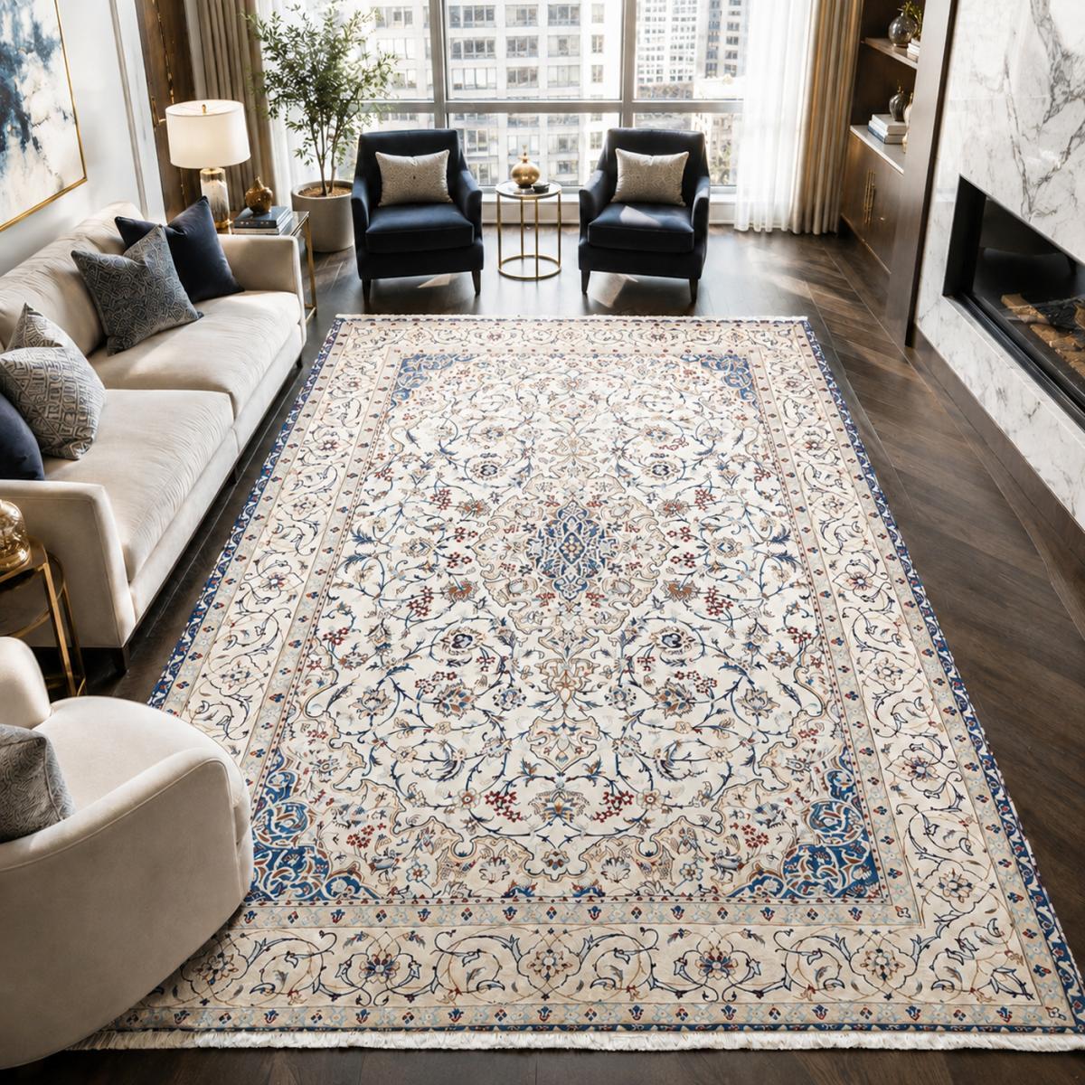 Tapis d'orient, motif oriental noué main en laine et soie