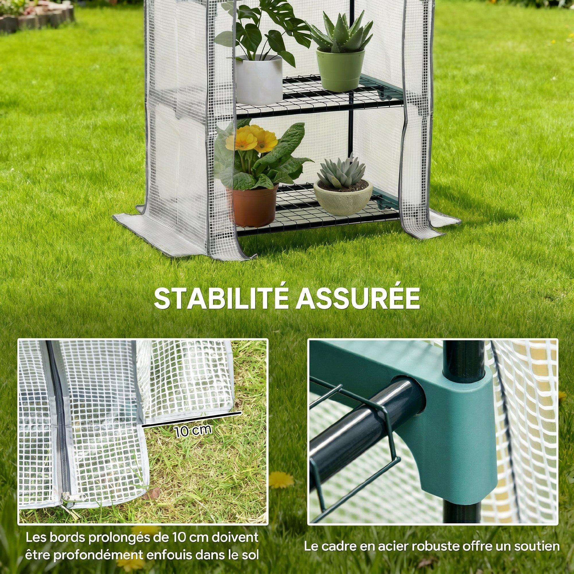 Serre de jardin balcon étagère serre 4 niveaux 0,7L x 0,5l x 1,6H m acier galvanisé bâche amovible PE haute densité blanc