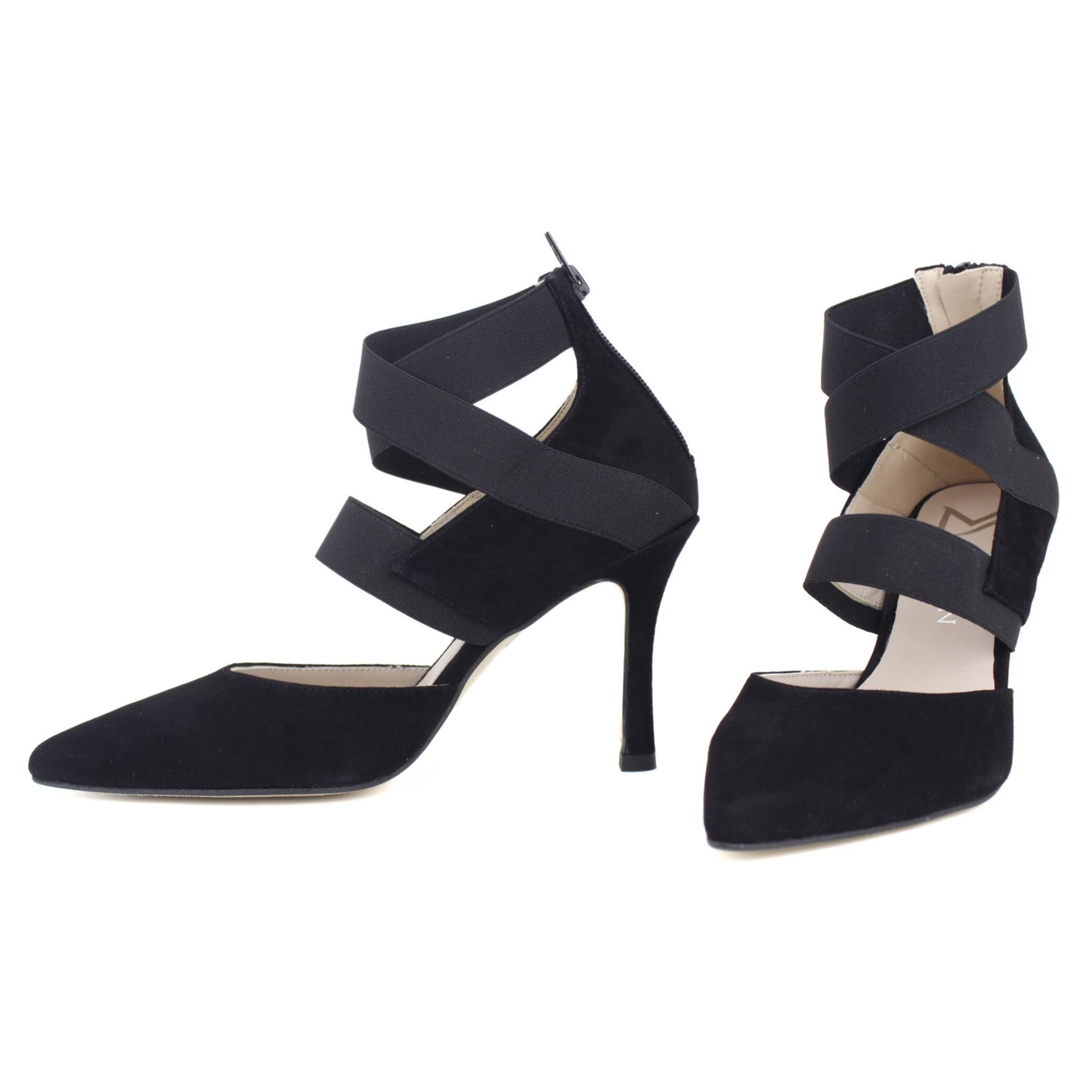 Sandalia de fiesta de ante color negro con tiras elásticas. Tacón de 9 cm