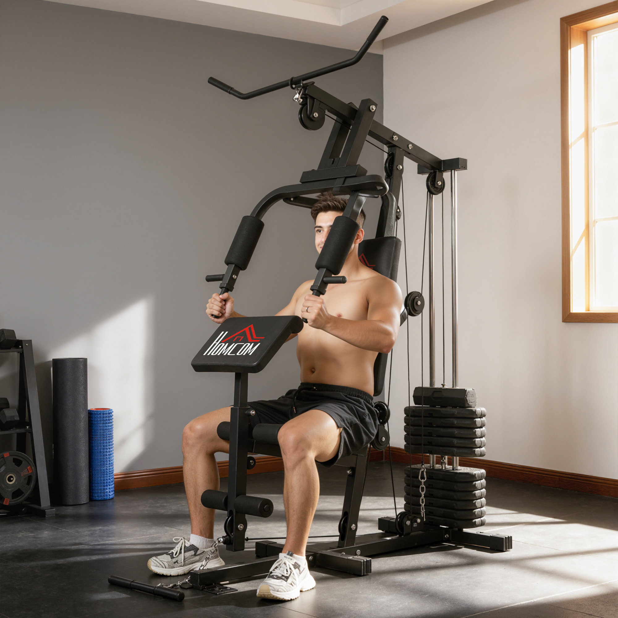 Multiestación Musculación, Máquina de Musculación con Prensa de Pecho, Placas de Peso 65 kg, Curl de Piernas y Brazos, Polea Mariposa, Carga 100 kg para Entrenamiento Casa Gimnasio Negro