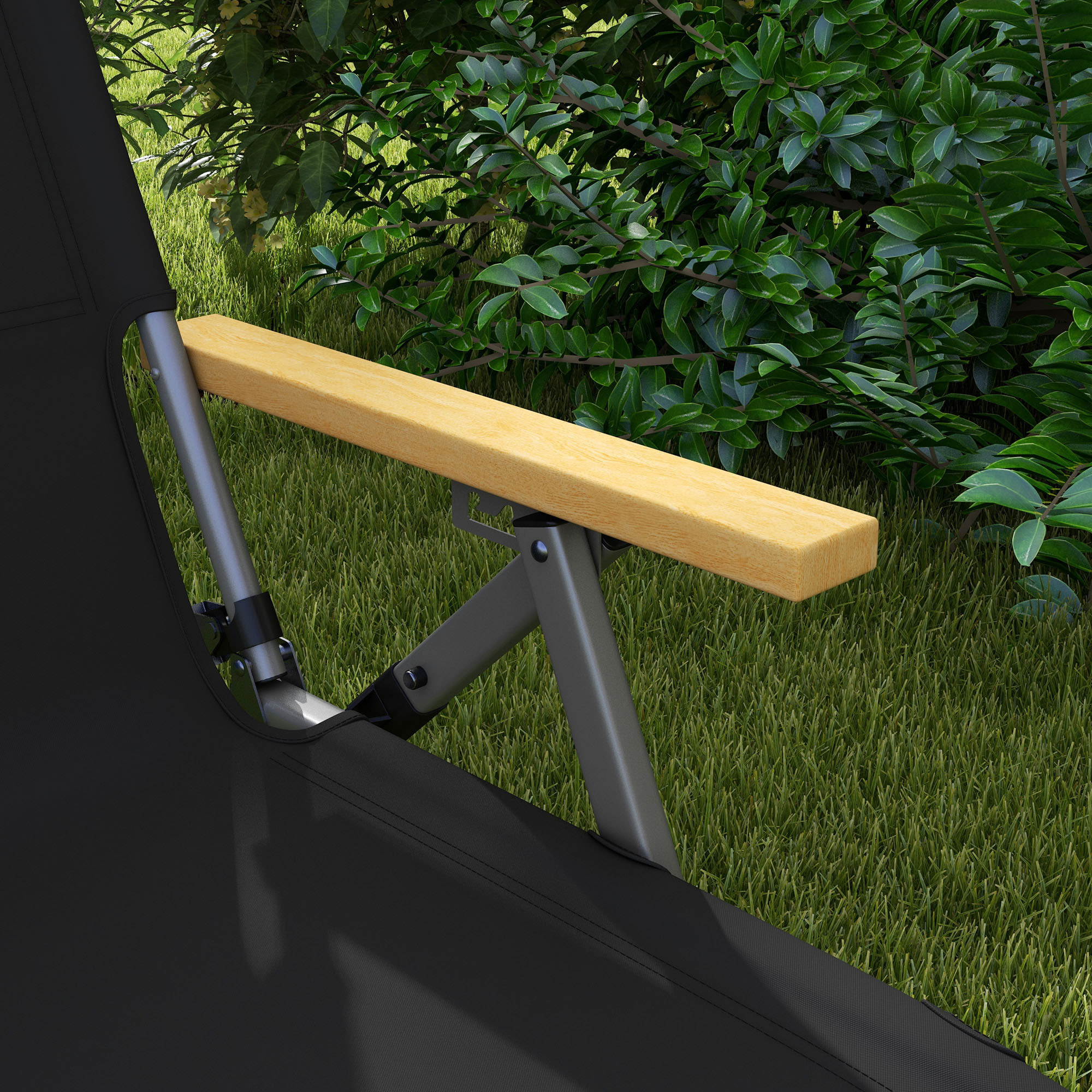 Silla de Camping Plegable de Aluminio con Respaldo Ajustable Reposabrazos de Madera Silla de Jardín Portátil con Bolsa de Transporte para Exterior Piscina Playa 74x59,5x98 cm Negro