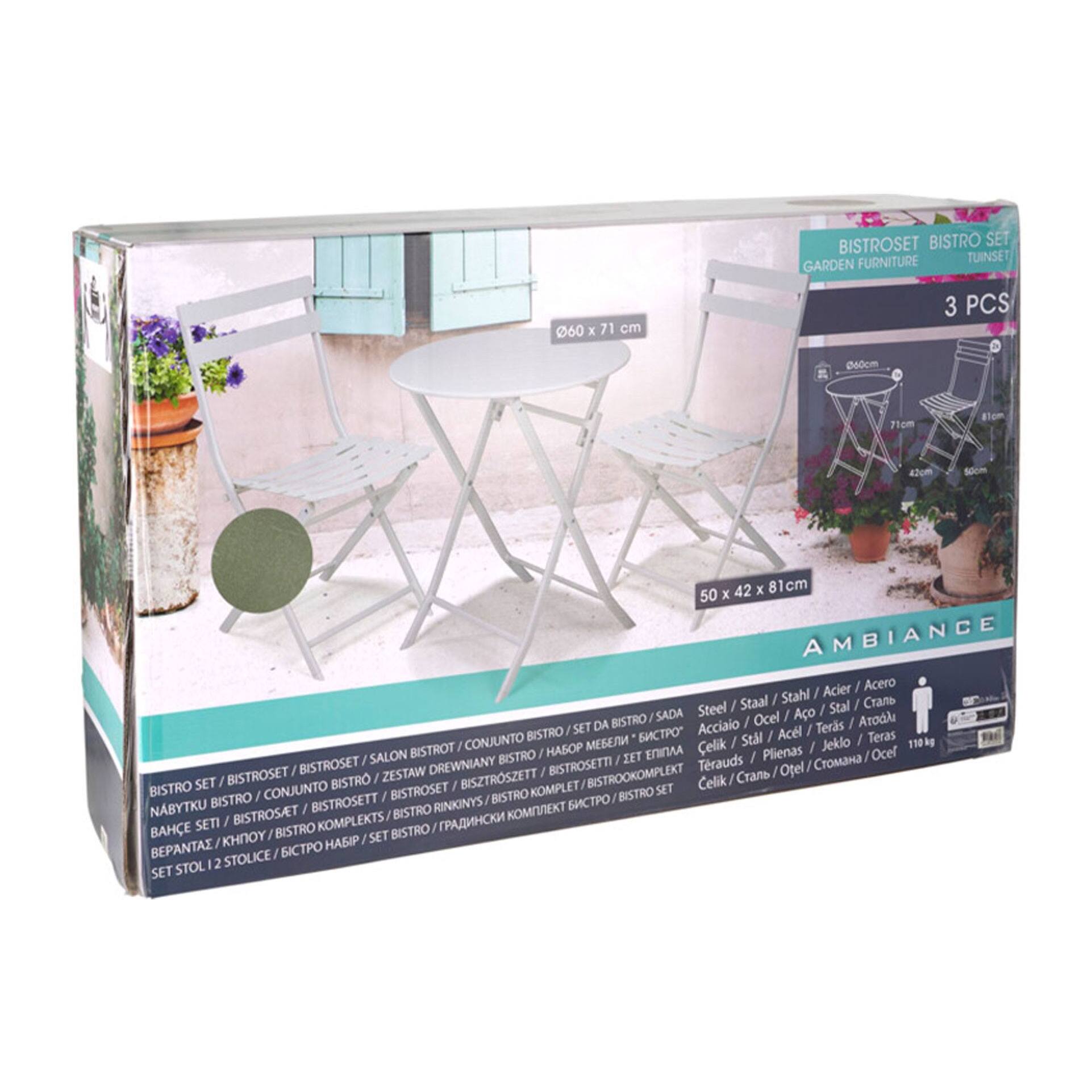 Set bistro plegable de 3 piezas (mesa 60cm + 2 sillas) en acero y verde mate, compacto para balcón