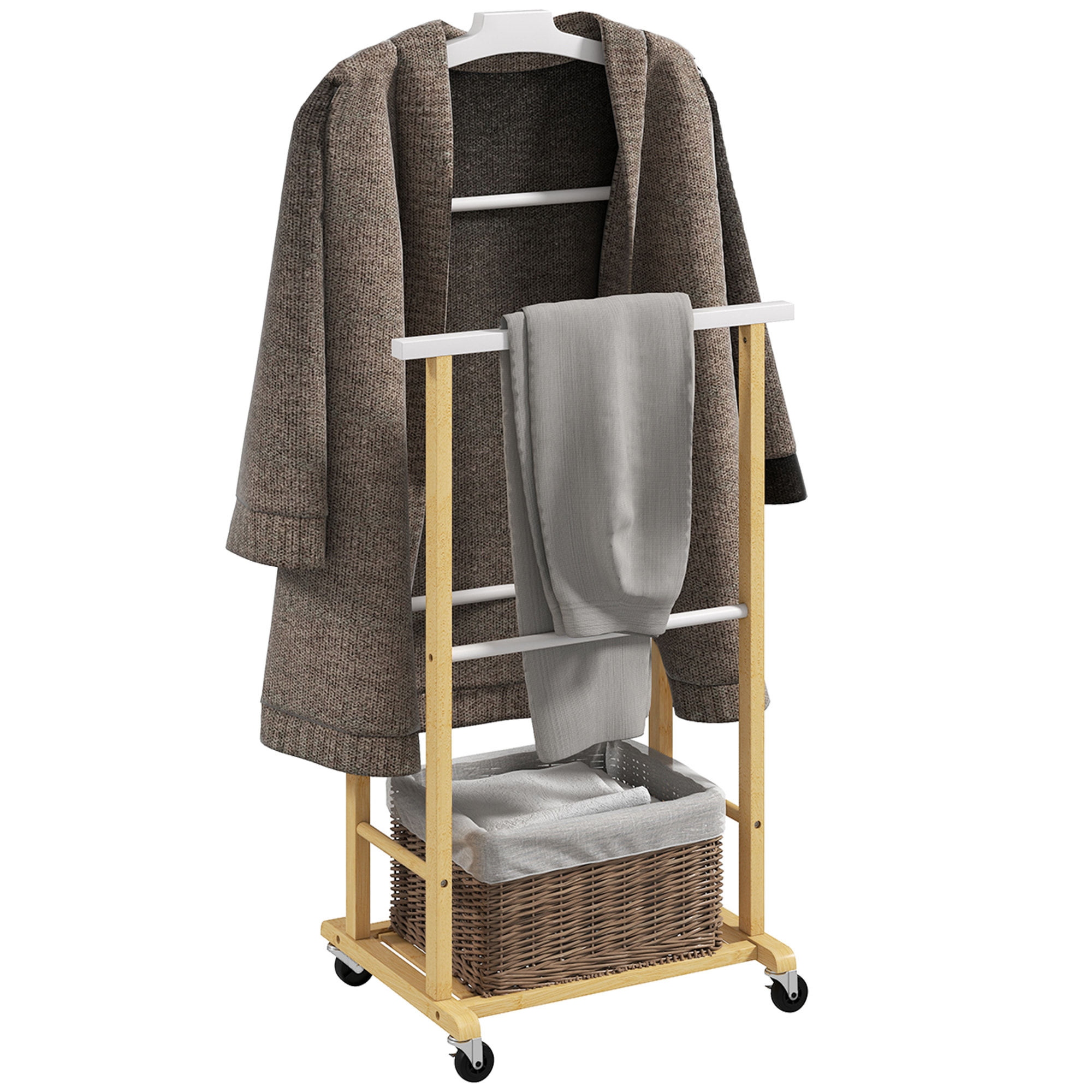 Galán de Noche de Bambú con Ruedas, Perchero Burro de Ropa con Barras para Pantalones y Balda Inferior para Zapatos, Estilo Nórdico, para Dormitotio, 47x33,7x105,5 cm, Natural y Blanco