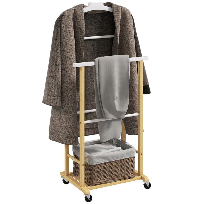 Galán de Noche de Bambú con Ruedas, Perchero Burro de Ropa con Barras para Pantalones y Balda Inferior para Zapatos, Estilo Nórdico, para Dormitotio, 47x33,7x105,5 cm, Natural y Blanco