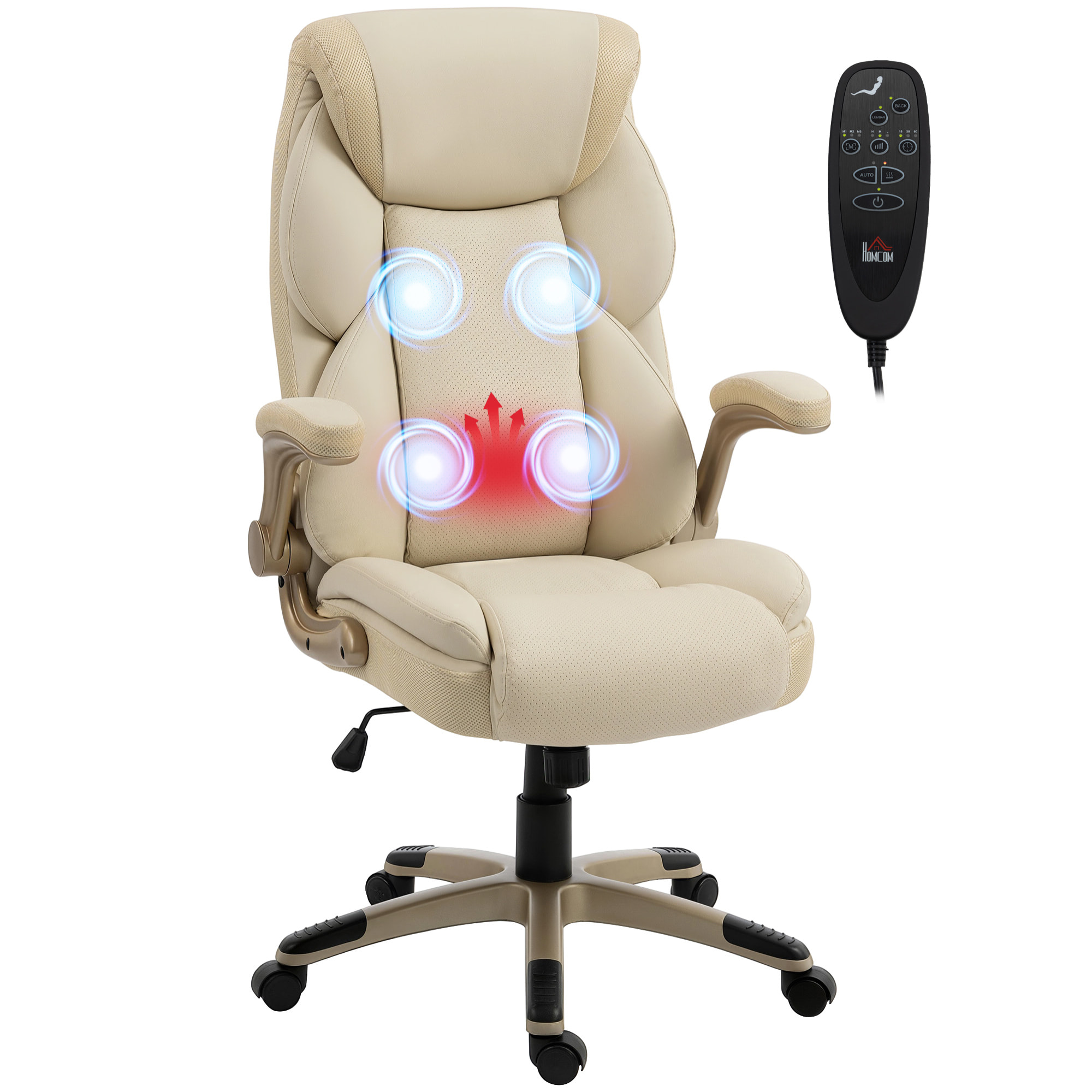 Silla de Oficina con Masaje Vibratorio de 4 Puntos y Calor Lumbar, Silla de Escritorio Giratoria de PU con Brazos Abatibles, Respaldo Alto, Altura Ajustable, Función de Basculante, Crema