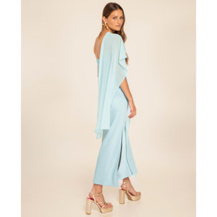 Vestido midi satinado con escote palabra de honor y capa de gasa multiposición