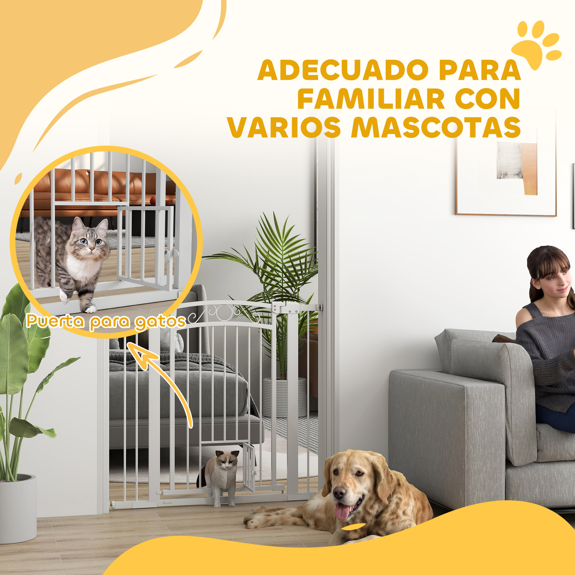 Barrera para Perros Puerta para Perros con Ancho Ajustable 76-104 cm Barrera de Seguridad para Perros con 2 Extensiones Doble Bloqueo y Puerta Pequeña para Escaleras y Puertas Blanco