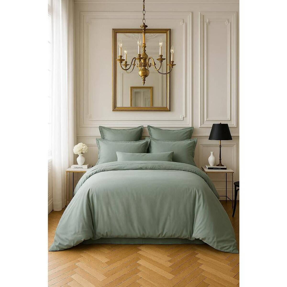 Housse de couette satin de coton vert celadon