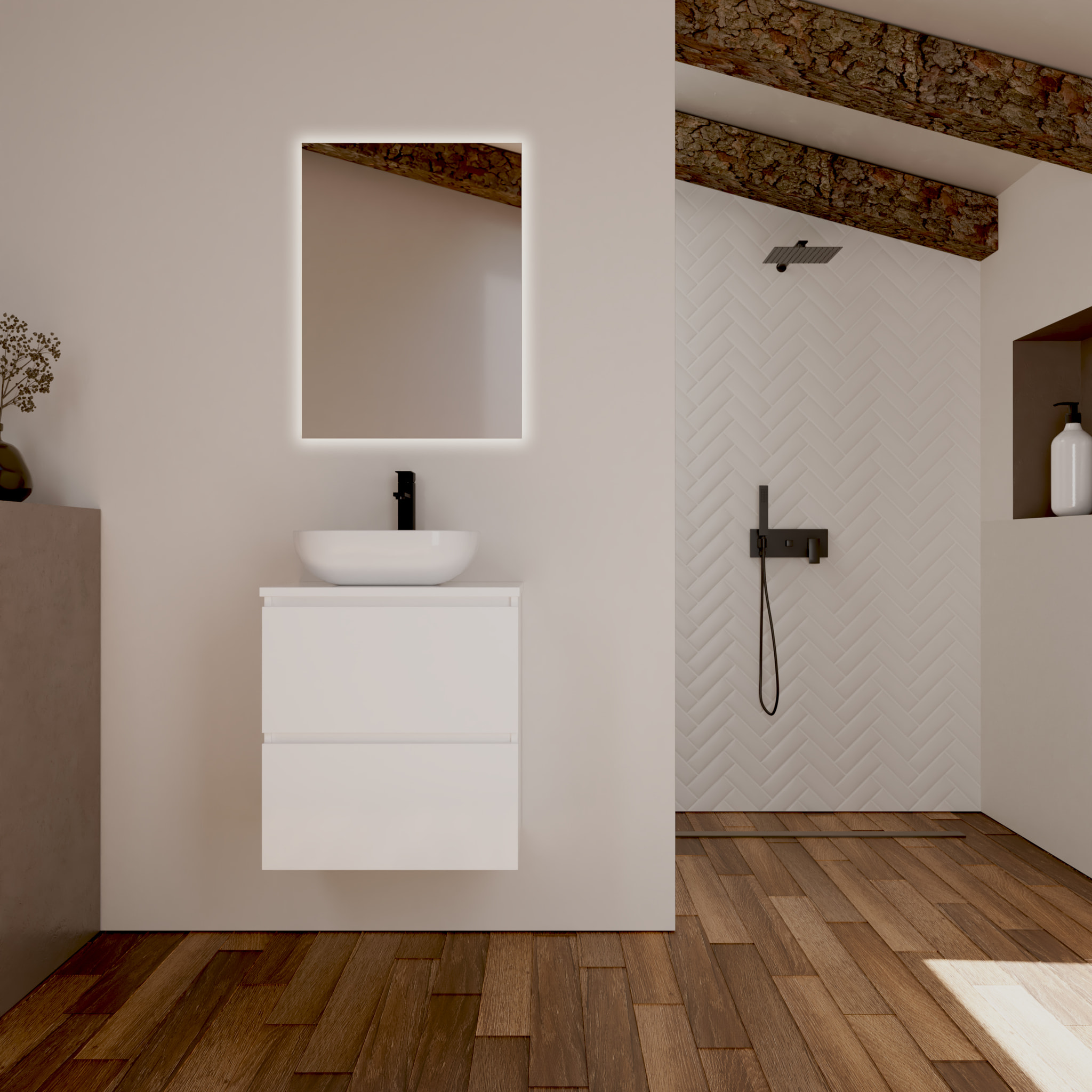 Ensemble Salle de Bain Kaji | 60 cm Blanc | Deux Tiroirs | Lavabo Rond sur Plan | N'inclut pas le Miroir | Alday