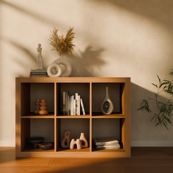 Etagère bibliothèque décor bois 2 niveaux 6 compartiments BASIKS