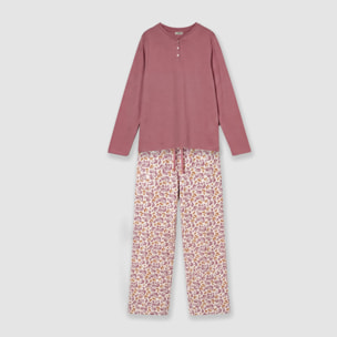Pigiama lungo in cotone con scollo a v, stile giungla rosa