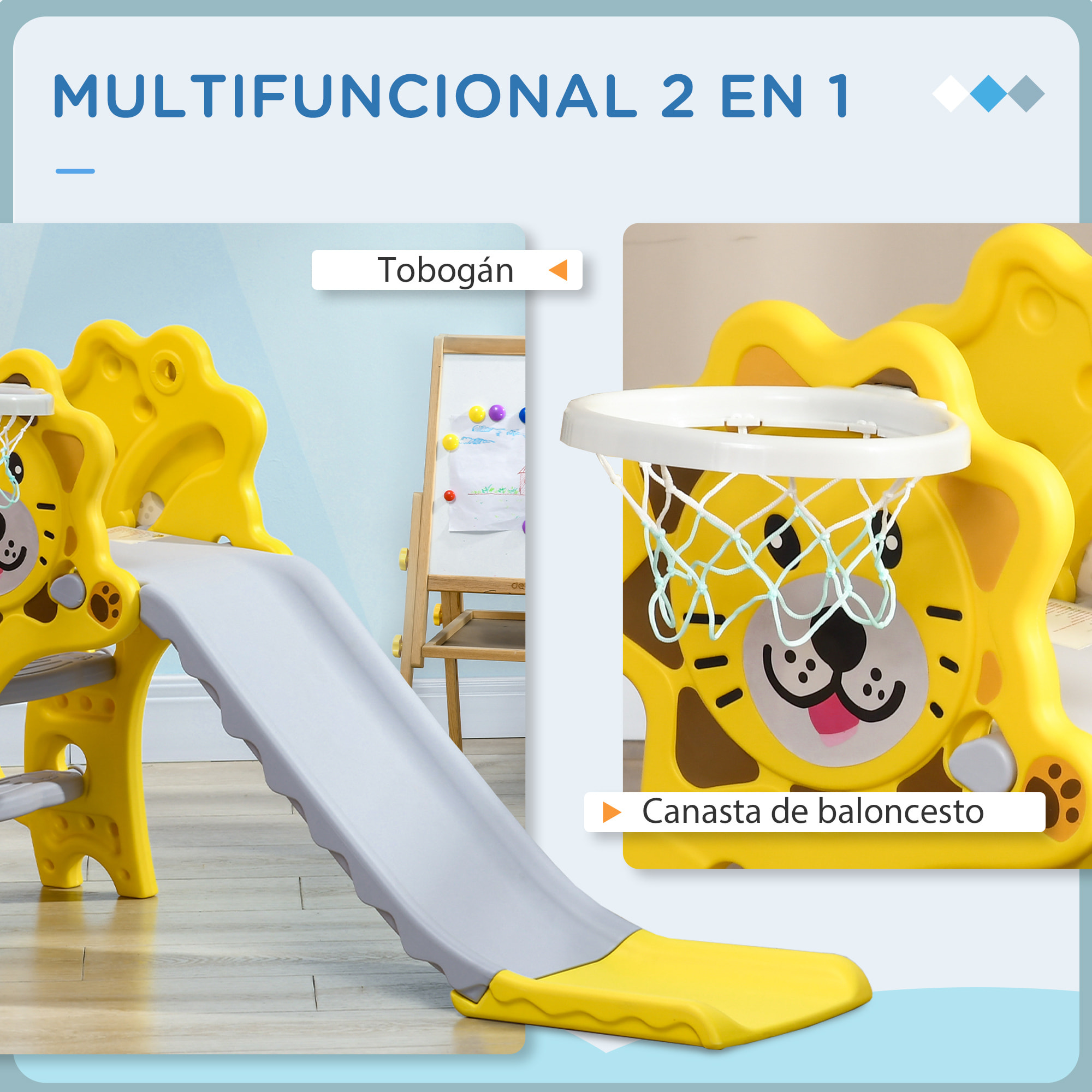 Tobogán Infantil 2 en 1 Tobogán para Niños de 18 a 36 Meses con 2 Escaleras 1 Canasta de Baloncesto y Patrón de León para Interior 131x50x74 cm Amarillo y Gris