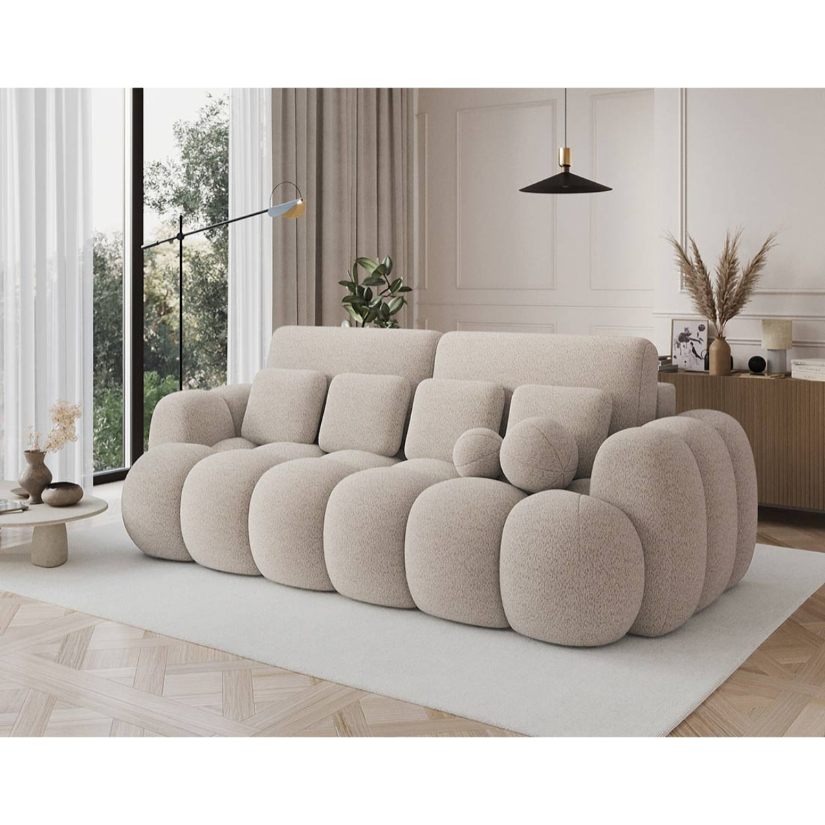 Dorian - Canapé droit 3 places bubble convertible avec coffre en tissu bouclette - Beige