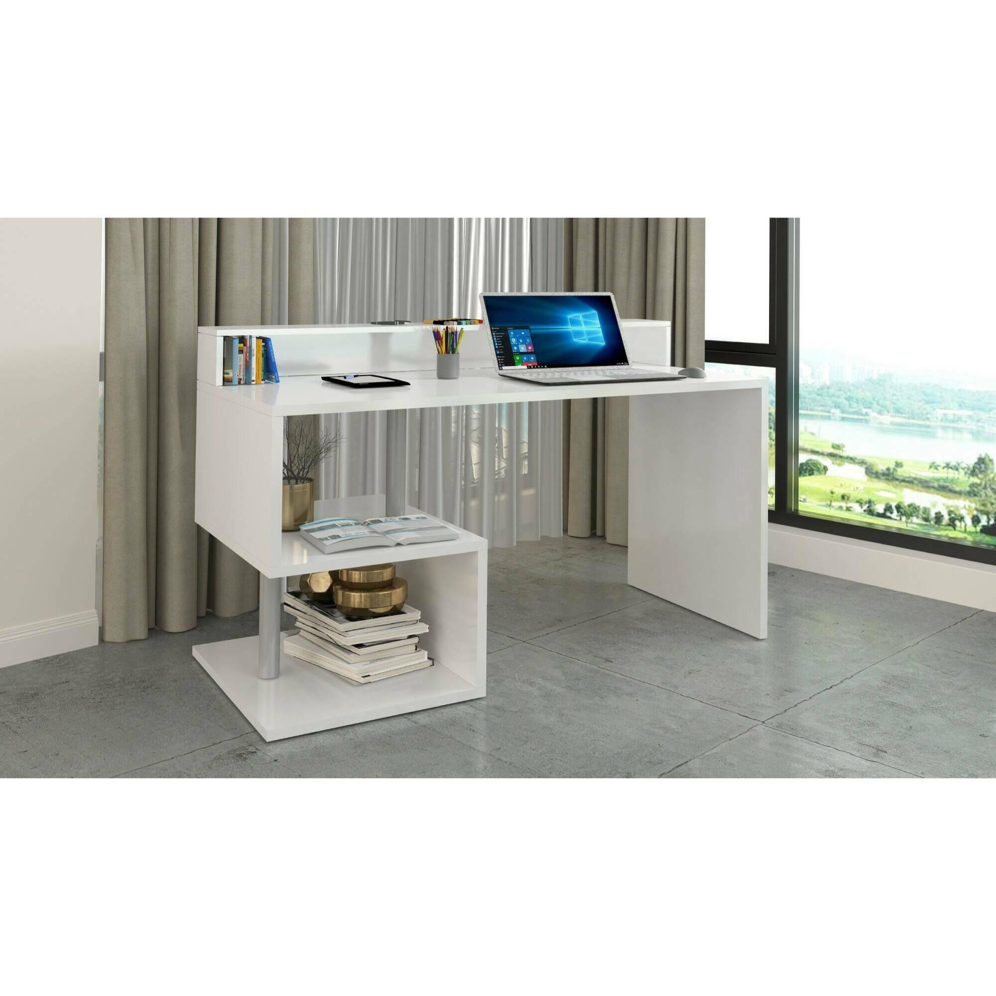 Scrivania Dcheryshe, Scrittoio lineare con ripiani portaoggetti, Scrivania ufficio multiuso con sopralzo, 140x60h93 cm, Bianco