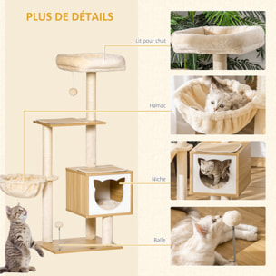 Arbre à chat multi-équipement griffoirs grattoirs niche hamac panier coussins amovibles H126 cm peluche courte sisal naturel beige