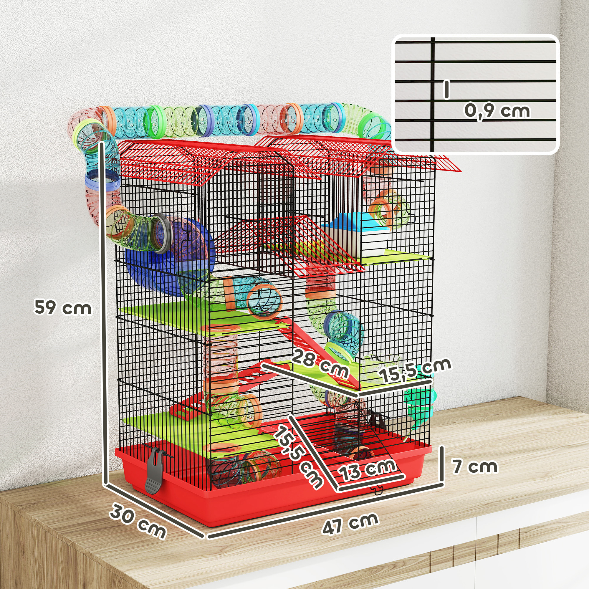 Cage pour hamster souris petits animaux rongeur avec tunnel mangeoire roue jouet 47 x 30 x 59 cm cm rouge