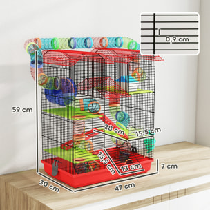 Cage pour hamster souris petits animaux rongeur avec tunnel mangeoire roue jouet 47 x 30 x 59 cm cm rouge