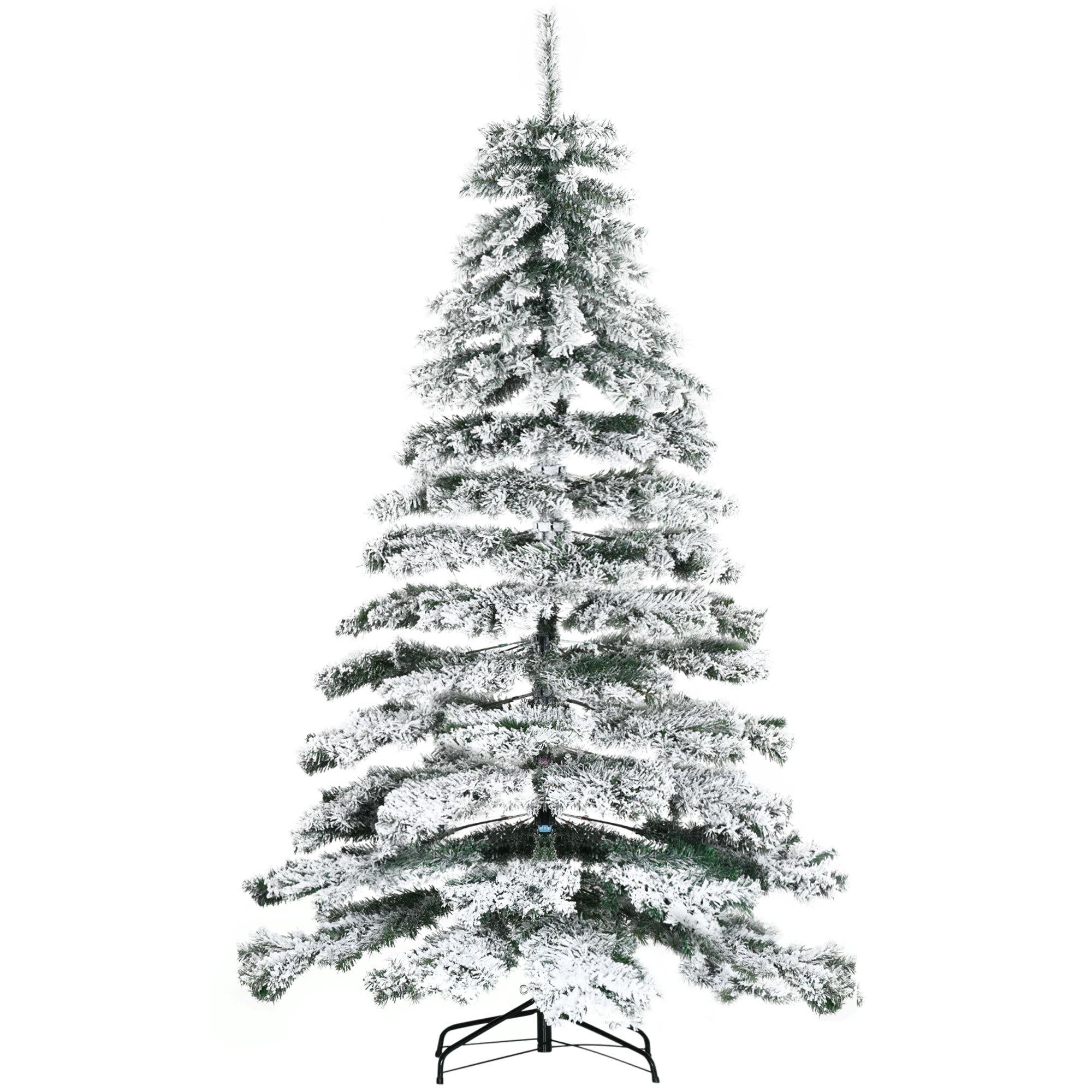 Árbol de Navidad 225 cm Nevado Artificial con 1083 Puntas de PVC Base Plegable y Soporte de Metal Decoración Navideño para Interiores 140x140x225 cm Verde y Blanco