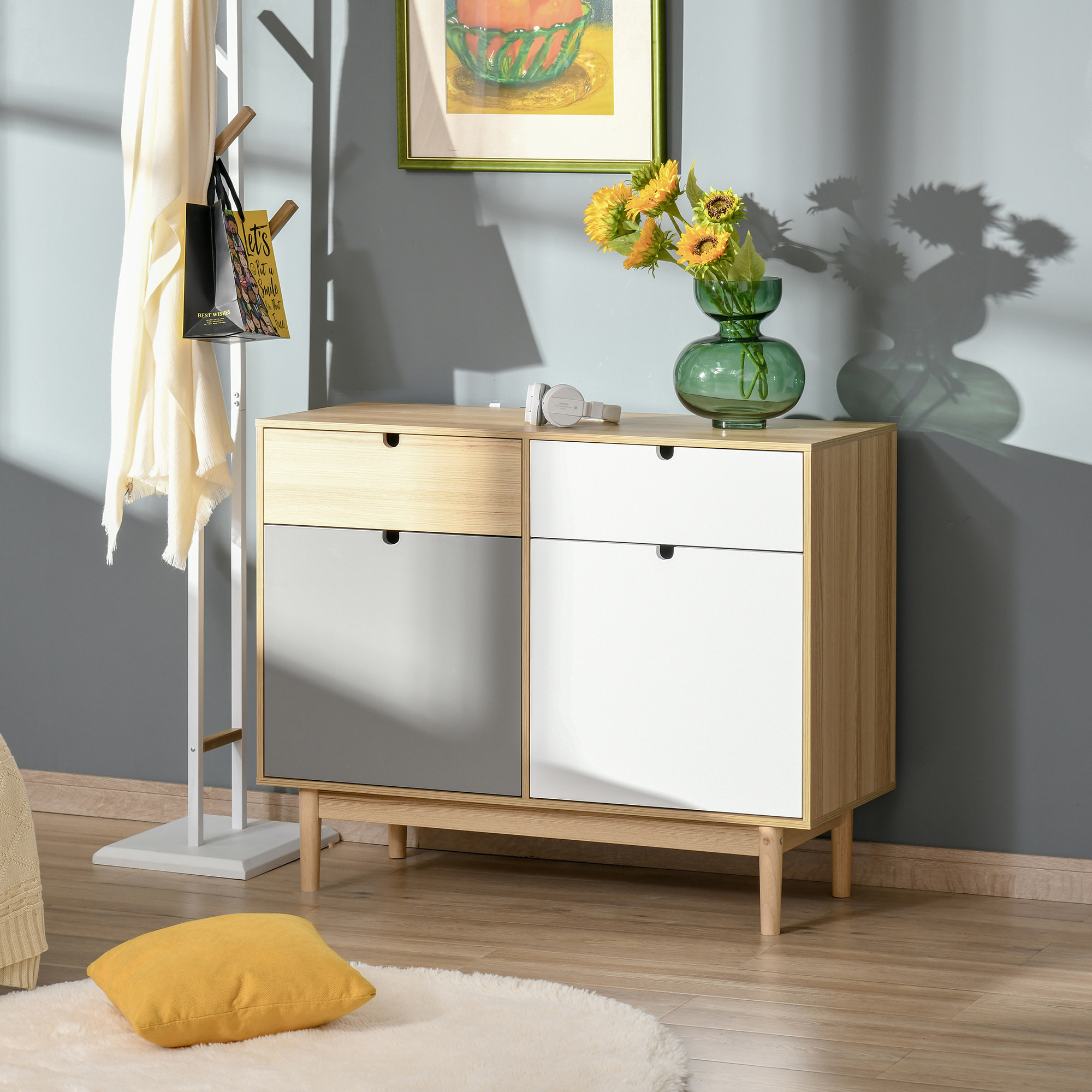 Buffet design scandinave 2 placards tiroirs coulissants MDF multicolore blanc gris bois clair