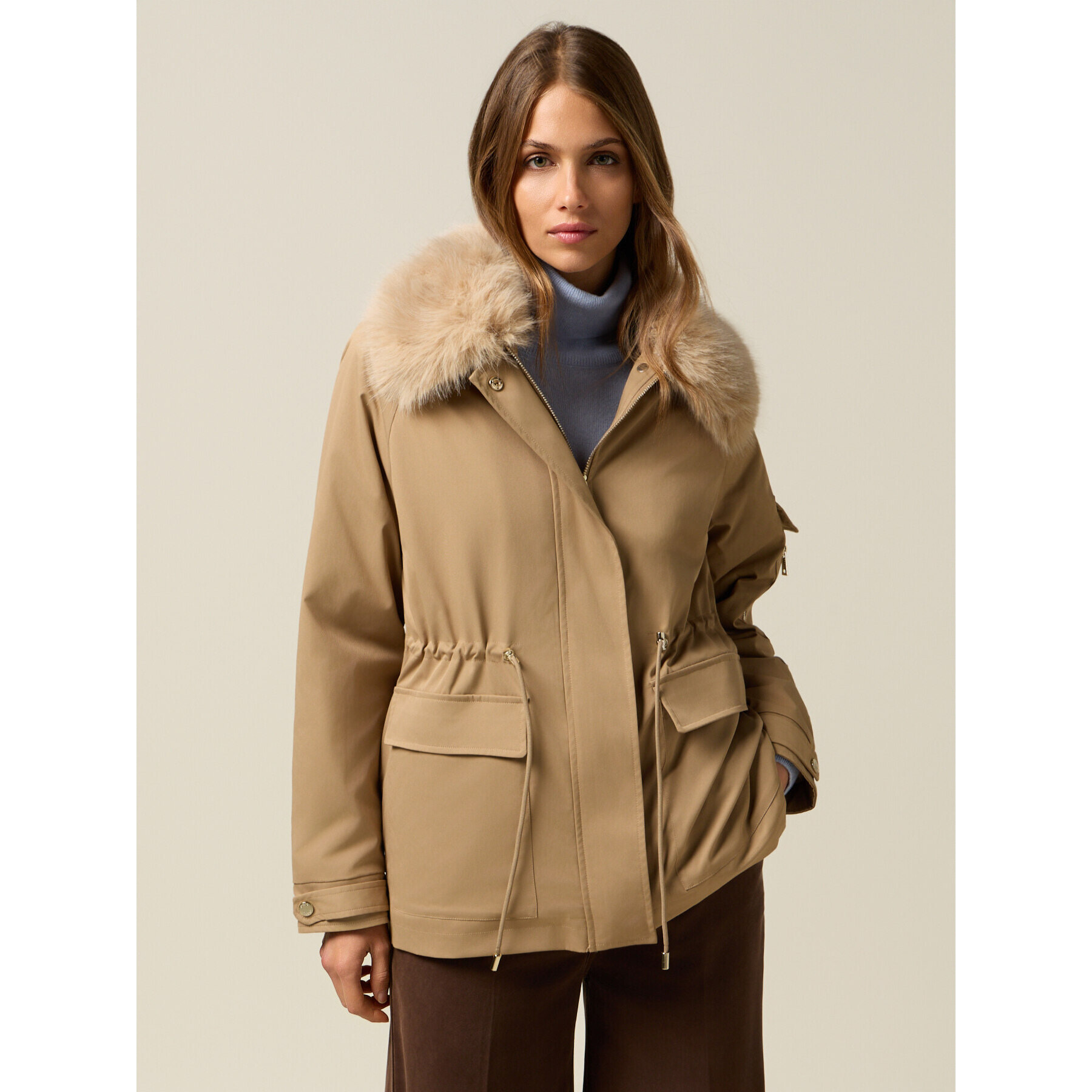Oltre - Parka acolchado con cuello peludo - Beige