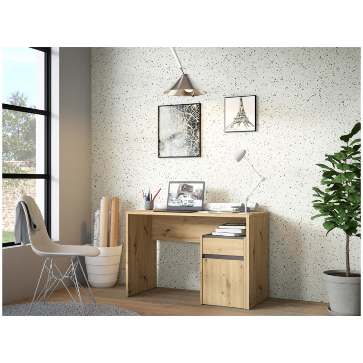 Bureau avec caisson amovible effet bois et gris foncé - L110 CM - KIARA