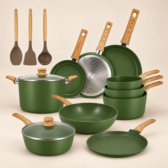 Batterie de cuisine 13 pièces en aluminium recyclé olive - tout feux COLORAMA