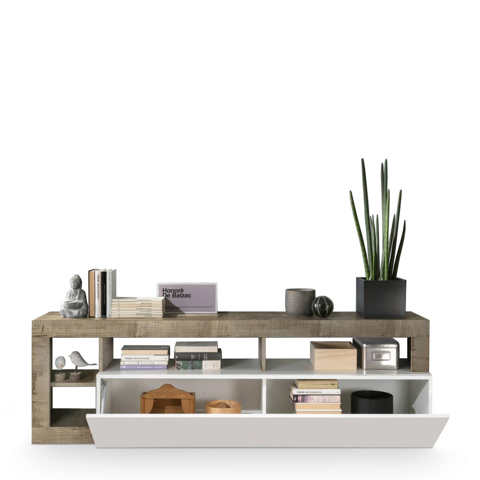 Mobile da soggiorno Porta TV, Made in Italy, Credenza per TV da salotto a 1 anta e vani aperti, cm 184x42h58, colore Bianco lucido e Pero