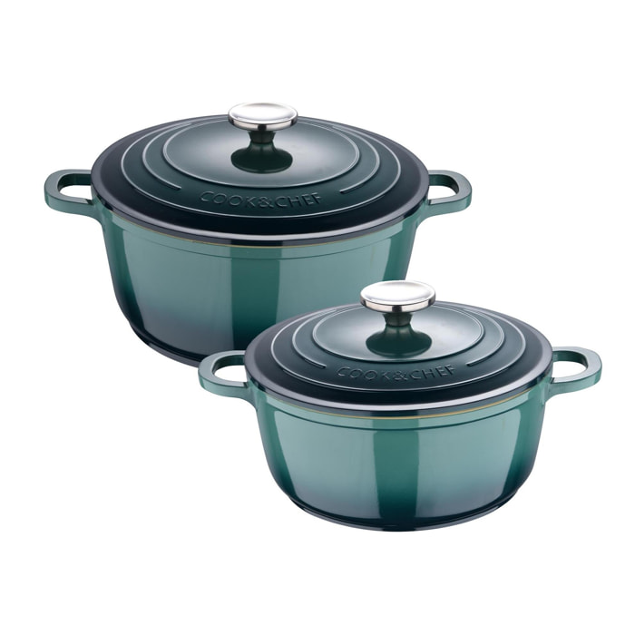 cacerolas de ø20 y ø24cm-2,4l y 4,4l con tapas en aluminio fundido en color verde