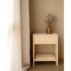 Pack de 2 mesitas de noche de madera maciza con un cajón en tono natural de varias medidas