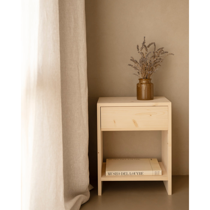 Pack de 2 mesitas de noche de madera maciza con un cajón en tono natural de varias medidas