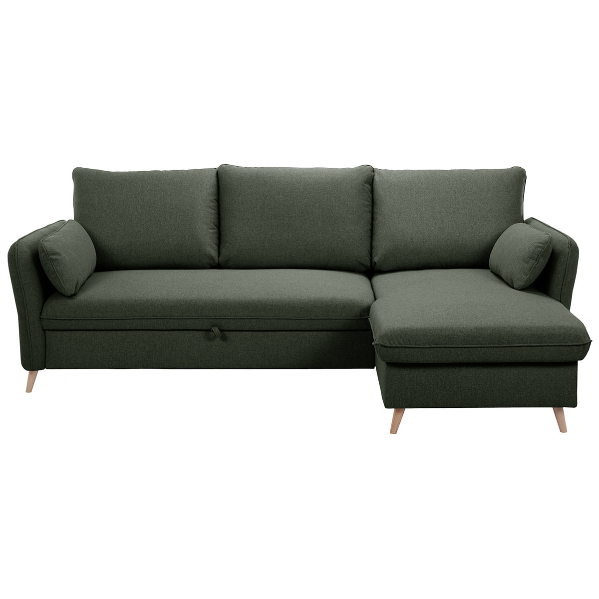Canapé d'angle convertible réversible avec coffre 3-4 places en tissu vert kaki et bois clair DRISS