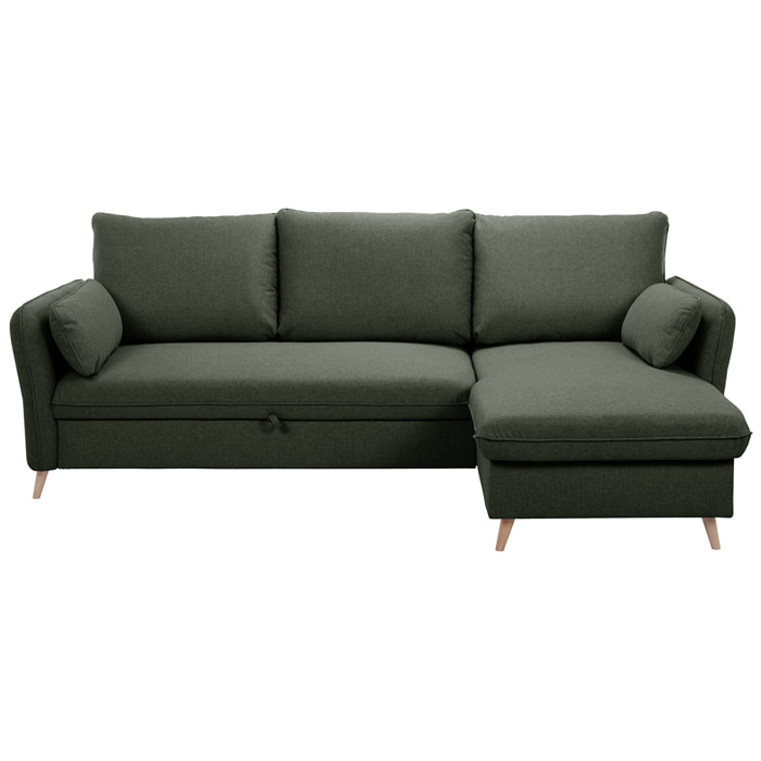 Canapé d'angle convertible réversible avec coffre 3-4 places en tissu vert kaki et bois clair DRISS