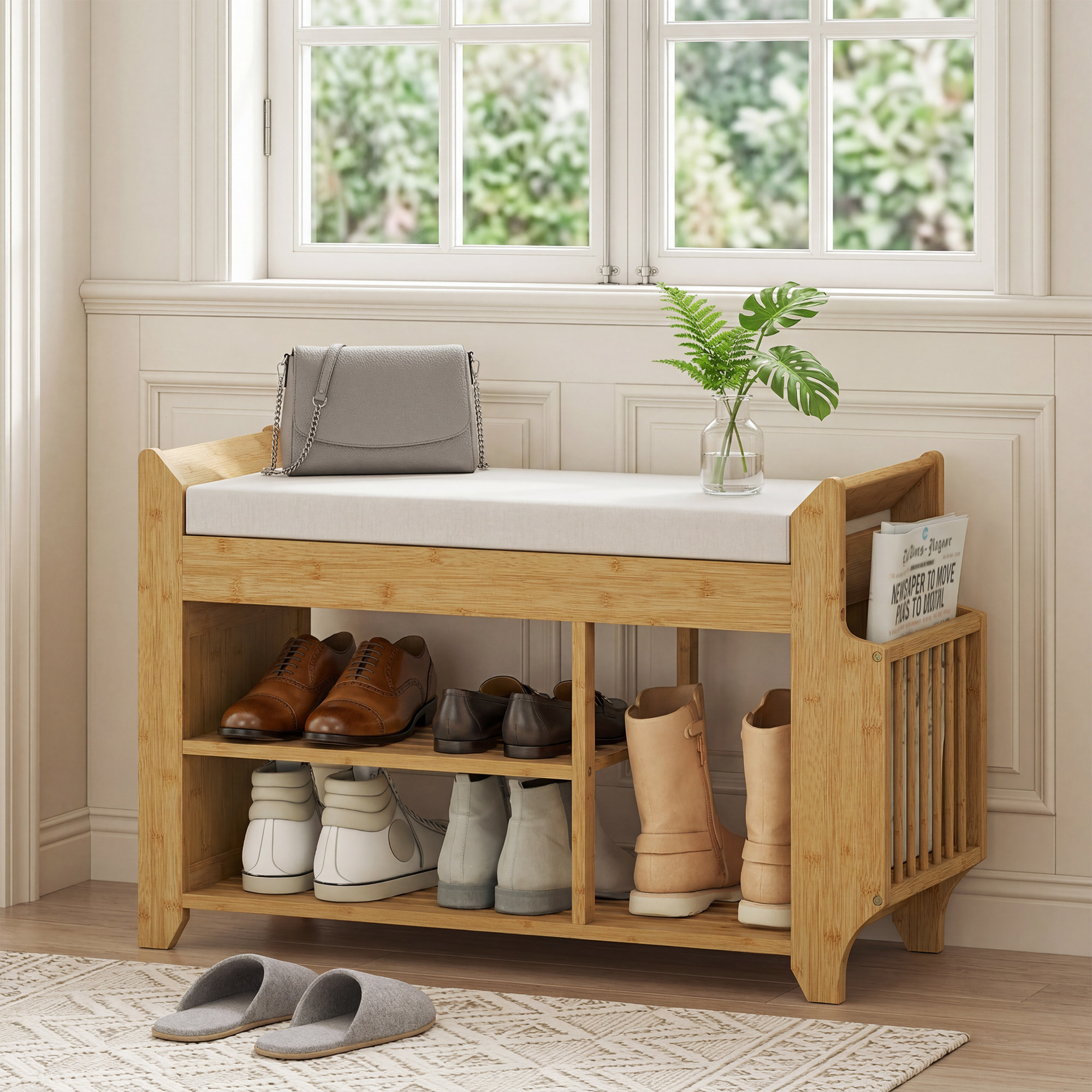 Banco Zapatero, Banco Recibidor con Asiento Acolchado, Almacenamiento Lateral, Estante para Botas, Marco de Bambú, para Entrada, Pasillo, Salón, 80x30x50 cm, Natural y Beige