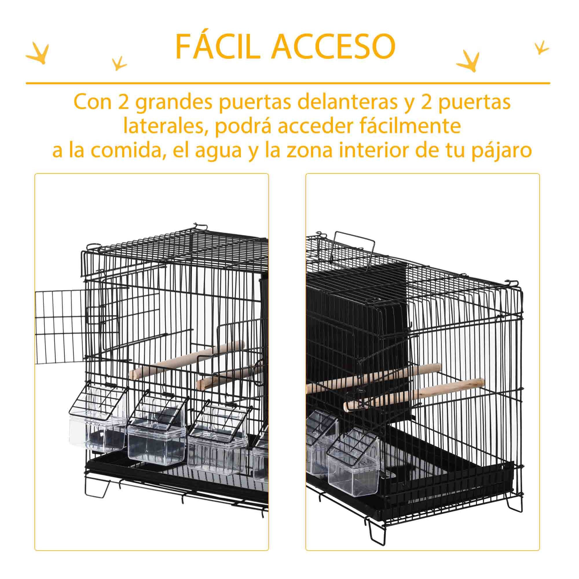 Jaula para Pájaros con Divisor Pajarera con Ganchos Superiores Puertas Comederos Perchas y Bandeja Extraíble para Canarios Periquitos 59,5x26,5x39,5 cm Negro