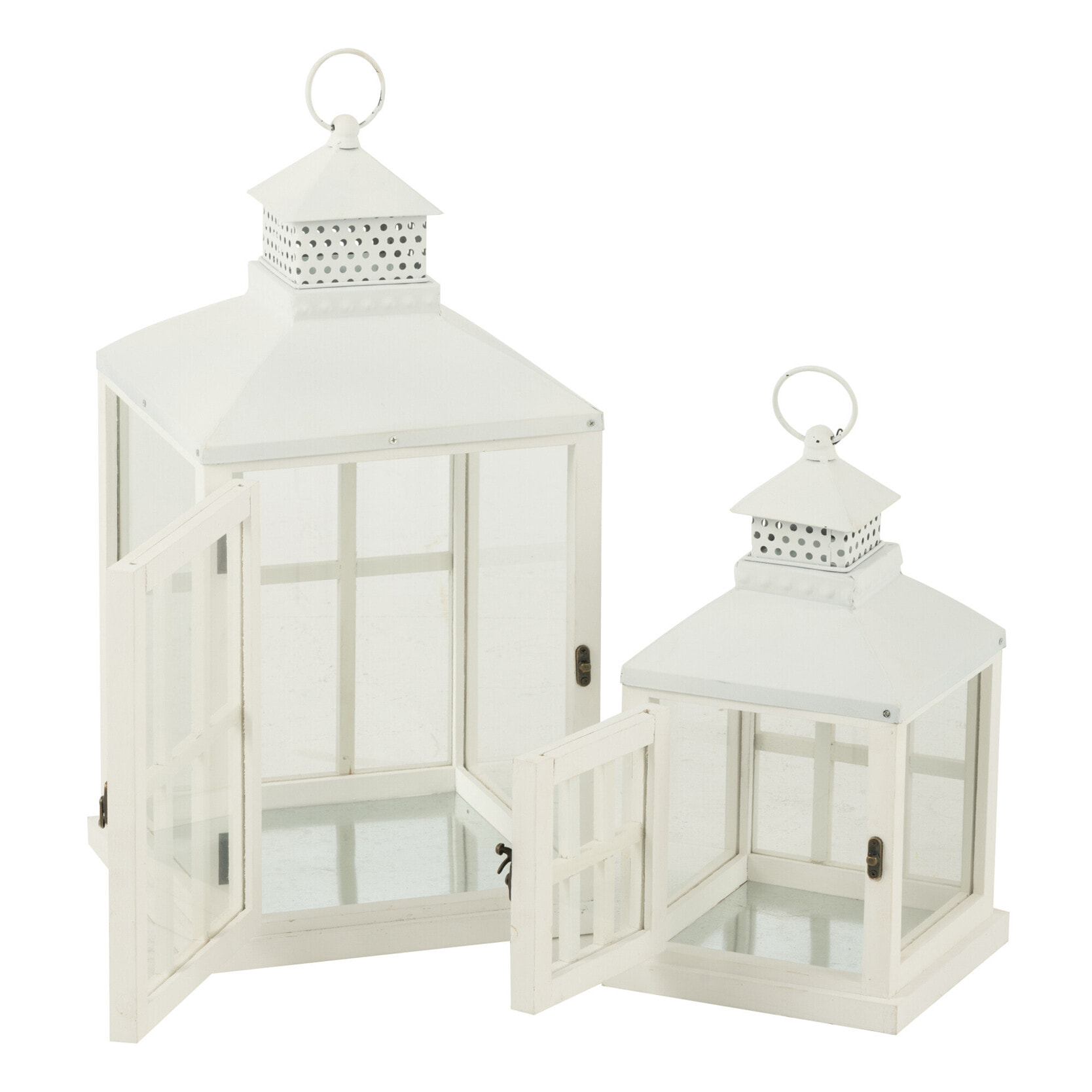 J-Line Set 2 Lanterne Maisons Bois De Sapin/Metal Blanc